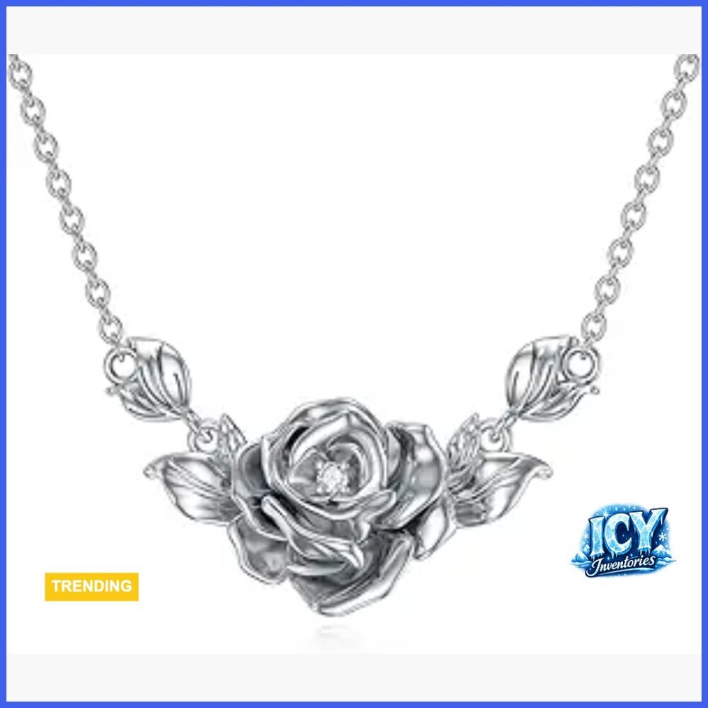 925 Sterling Silver Diamond Rose Flower Pendant Necklace for Women